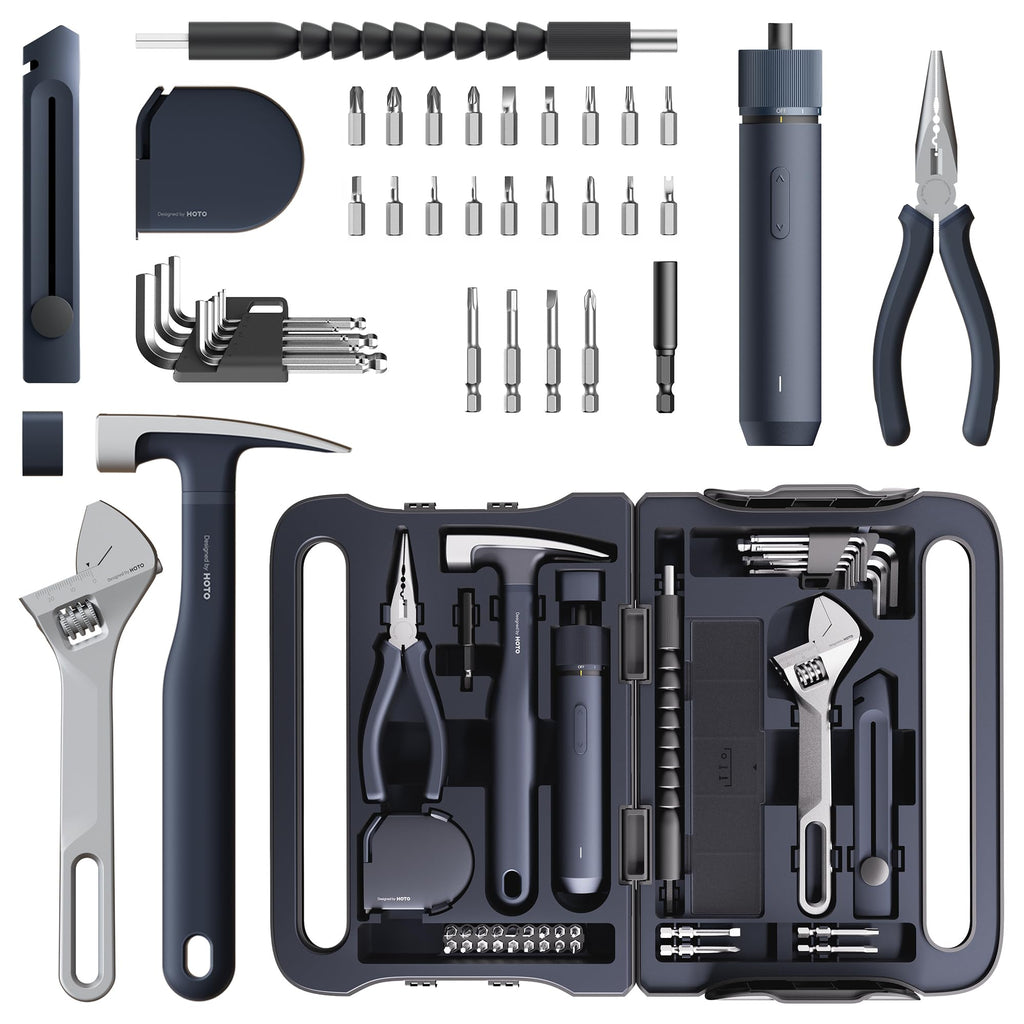 HOTO 40-Piece Tool Kit, Household Essentials Tool Set w/Smart Electric Screwdriver (LED, 3 Torque) + 14 Tools & 26 Accessories Including Allen Wrenches Sets | Pro-Grade Compact Organizer